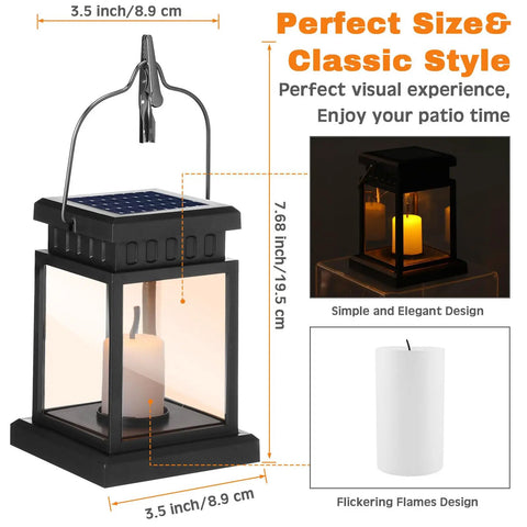 Detailed view of a black solar lantern with flameless candle, part of the 18 Pack Hanging Solar Lanterns For Outdoor Garden And Yard.