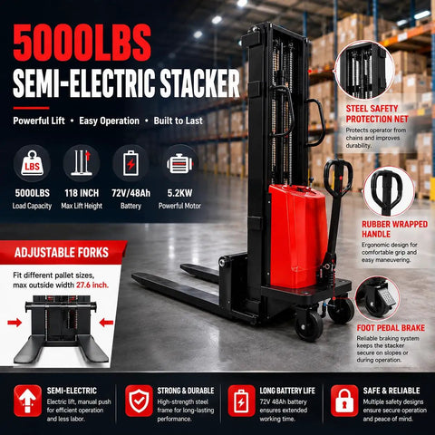 Super Heavy Duty 5000 Lbs Semi Electric Pallet Stacker With 118 Inch High Lift And 72 Volt Battery, showcasing adjustable forks and safety features.