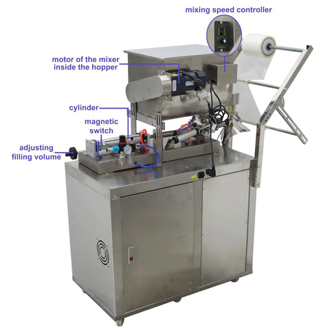 Automatic Liquid Paste Filler And Sealer Machine With Mix Hopper For Sauces And Chunky Salsa Stainless Steel system with controls and hopper.