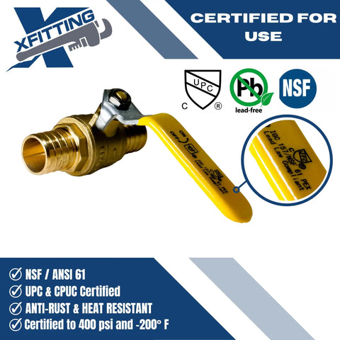 10 Pack PEX Barb 1 Inch Ball Valve With Yellow Handle, certified full port brass valve with NSF and UPC certification seals.