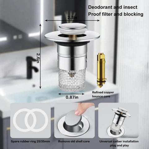 Heavy Duty Stainless Steel Sink Drain Strainer And Stopper showcasing dimensions and features in sleek silver finish for efficient drainage.