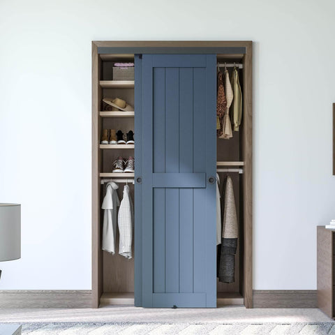 48 Inch Ceiling Mount Bypass Sliding Door Hardware Kit For Cabinet And Closet, installed with double pocket doors in a room