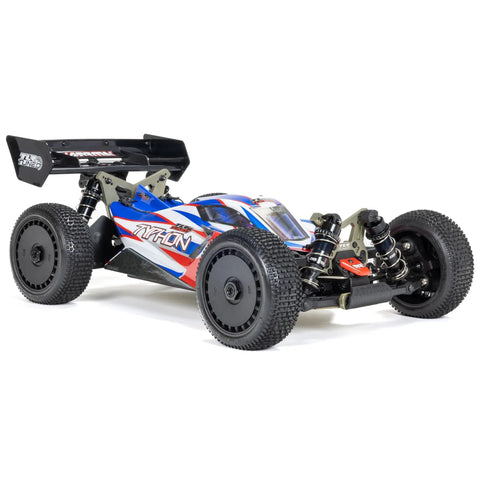 ARRMA Typhon 1 Eight Scale RC Buggy Ready To Race 6S 4WD BLX RTR With TLR Tuned Parts And Spektrum Electronics Race Spec Red Blue Body