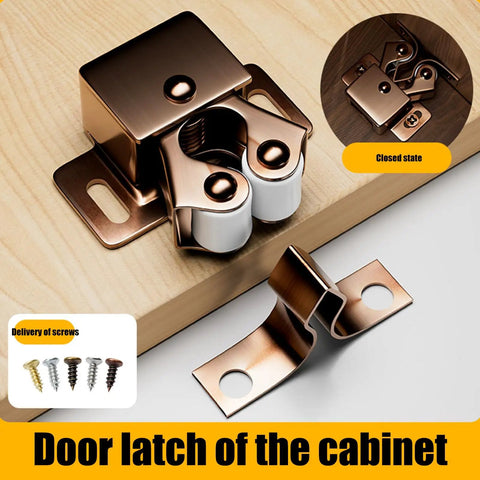 Double Roller Cabinet Catches For Sliding Doors And Drawers Made From Durable Metal Hardware that won't warp or break, showing closed latch on wood.