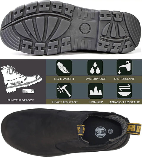 Composite Toe Waterproof Work Boots For Men Slip On Safety Shoes sole detail with rugged tread pattern and top view design.