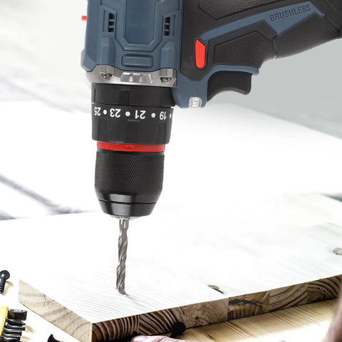 Heavy Duty Cordless Drill Driver With 1500 Rpm Max Spin And 25 Torque Settings High Low Gear Reversible Operation No Sweat Performance Rock Solid Go Getter For Garage Fixes And Weekend Builds drilling into wood.