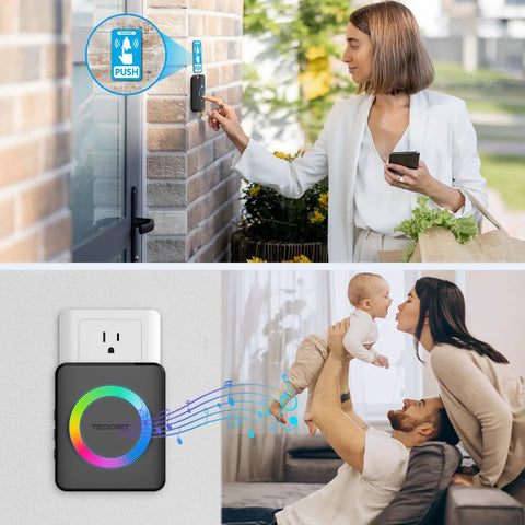 Crazy Long Range Wireless Doorbell For Home With IP65 Waterproof Receiver 1300ft Coverage, woman using, indoor chime illustration