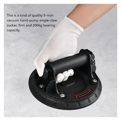 Heavy Lifter 8 Inch Vacuum Suction Cup engineered for 200kg capacity, ergonomic grip in a hand with a white glove, perfect for lifting.