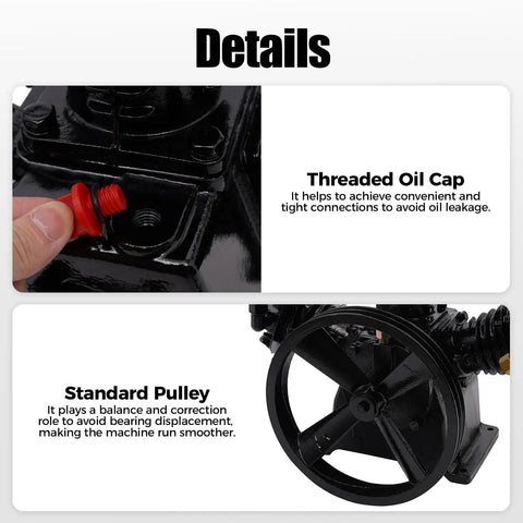 Heavy Duty 4 To 5 Horsepower Replacement Air Compressor Pump Head showing threaded oil cap and standard pulley details.