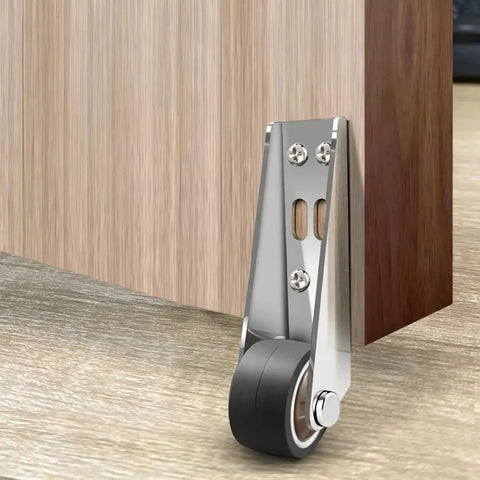 No Sweat Vertical Track Roller Wheels For Sliding Doors Bottom Guide Set, silver metal bracket, black roller wheel, installed.
