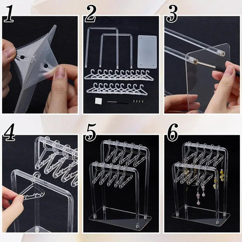 Super Sleek Acrylic Earring Holder Stand With Twenty Mini Hangers Holds Up To Sixty Pairs Two Tier Jewelry Organizer demonstrates assembly steps.