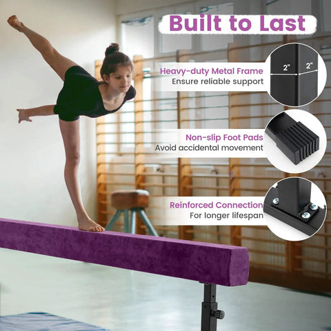 Girl practicing gymnastics on a heavy-duty 7.5 ft adjustable balance beam featuring non-slip foot pads.