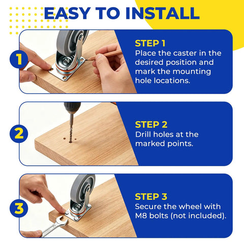 Installation steps for Badass Ultra Heavy Duty 8 Pack 5 Inch Caster Wheels Replacement Kit with TPR rubber swivel options.