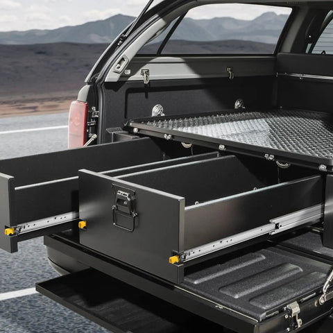 Beefy Heavy Duty 24 Inch Drawer Slides Pair With Locking 250 Lb Capacity Side Mount Ball Bearing Full Extension 3 Fold Rails installed in vehicle