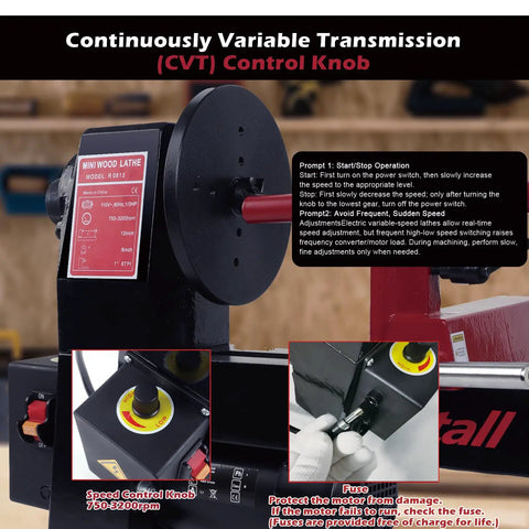 Top Shelf Benchtop Wood Lathe Pumping Solid Power Inside A Roomy Base with variable speed control knob and safety fuse.