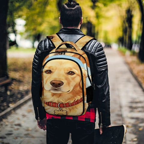 Bone Tag Golden Dog Printed Backpack on person walking in park, large capacity, durable polyester, dope animal print, smooth zipper