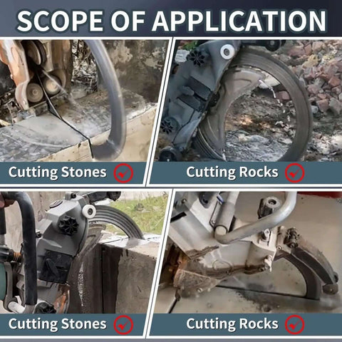 High-Torque 8800W Brushless Concrete Rotary Saw cutting stones in action, showcasing precise 27 cm depth for masonry work.