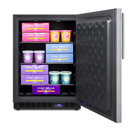 Top Notch Frost Free Undercounter Upright Freezer With Slick Stainless Body No Fuss Digital Temperature Settings And Plug And Play Built In Or Freestanding Fit For Your Ultimate Kitchen Setup, showcasing gelato and sorbet containers.
