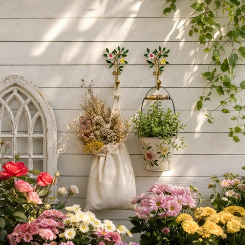 Vintage Flower Wall Hooks, Distressed Metal Coat Rack Set, Ace Farmhouse Entryway Organizer with hanging flowers.
