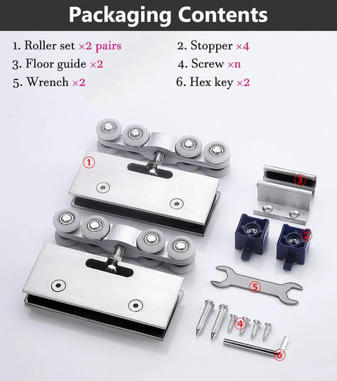 Rock Solid Aluminum Sliding Door Hardware Kit For Double Bypass Closet And Barn Doors includes rollers, stoppers, screws, and tools.