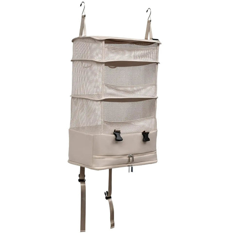 Travel Hanging Shelf Bag With 5 Tier Packing Cube Organizer Portable Folding Closet with mesh and hooks for camper use.