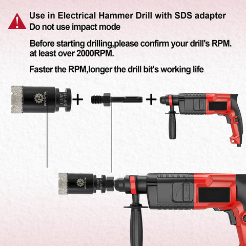 Instructions for using Pro Grade Diamond Core Drill Bit Set 10pc Kit with SDS adapter and hammer drill visual guide