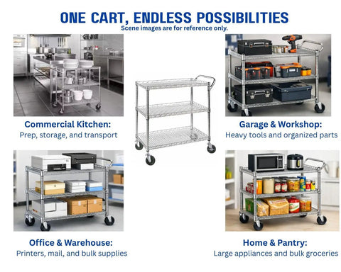 Heavy Duty 3 Tier Rolling Utility Cart On Wheels With Wire Shelves And Handle Bar 45L By 17.5D By 45H Commercial Grade Metal Serving Cart For Kitchen Office School Hospital Church Or Home Use shown in multiple settings.