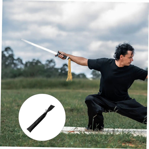 Man practicing with sword, inset shows Protective Black Cotton Cloth Japanese Carrying Bag For Safe Transport And Display, 39.37 Inch By 5.11 Inch Storage Pouch, Lightweight Durable Cover With Premium Protection.