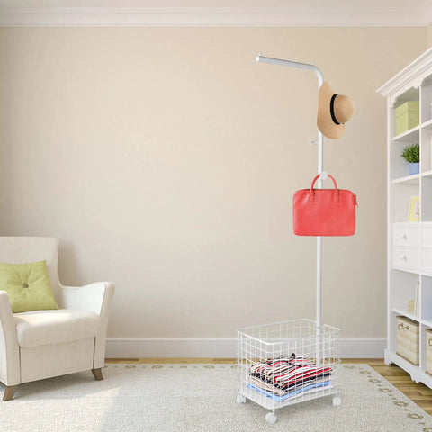 Smooth Rolling Garment Rack With Heavy Duty Hooks And Metal Basket, freestanding clothes organizer with hat and bag.