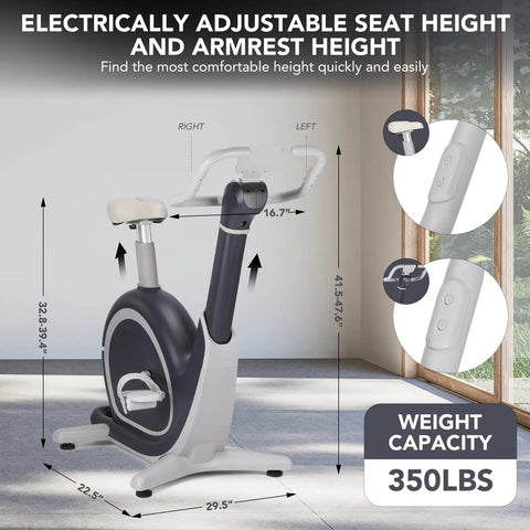 Indoor Magnetic Exercise Bike With AI Driven Personalization and Built In App showing adjustable seat and armrest height, 350 lbs capacity.