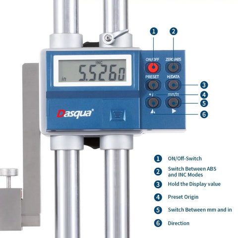 Precision 24 Inch Digital Height Gauge With Smooth Rolling Feed Wheel And Hefty Cast Iron Base Carbide Tipped Scriber showing control panel and display.