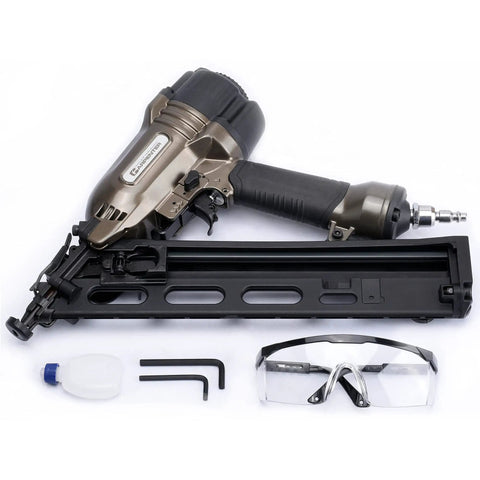 Pro Grade 15 Gauge Finish Nailer Pneumatic With 34 Degree Angled Drive, Nails From 1-1/4 In To 2-1/2 In shown with accessories