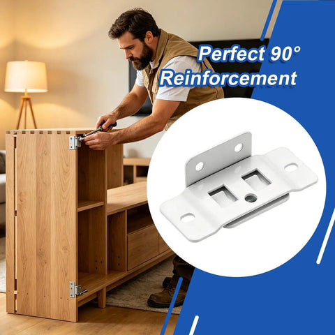 Man assembling cabinet using Heavy Duty Cabinet Corner Brackets with Screws, Right Angle Removable 90 Degree Braces for DIY Cabinets