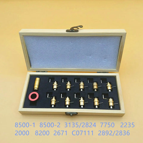 Ergonomic Mainspring Winder Kit with wooden case for watch repair, including winding tool and fixed base loop for 7750 movement.