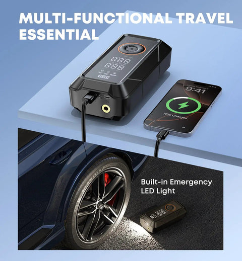 Portable Tire Inflator Air Compressor With Digital Pressure Gauge, Cordless 12V DC Pump showing design and emergency LED in use