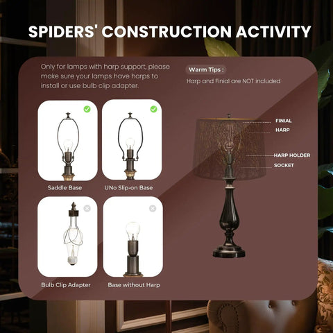 Dope Tree Pattern Lampshade For Table And Floor Lamps Large 12 Inch Top Diameter 14 Inch Bottom Black Metal Spider Fitting Easy Harp Mount Cozy Home Decor Accent with installation guide showing various lamp bases and harp mounting instructions.