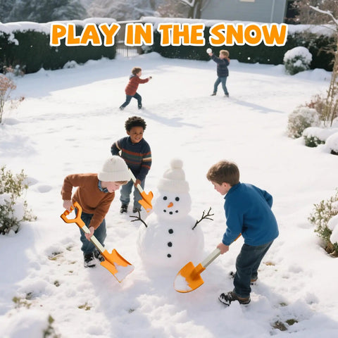 Children building a snowman using 20 Inch Kid Friendly Beach Shovels Set Heavy Duty Plastic Sand Scoops Spades For Beach Sandbox Snow Garden Digging Fun 2 Pack Orange Toy Gift Bundle For Summer Playtime