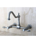 Tudor Style Wall Mount Bridge Kitchen Faucet In Polished Brass With 8.5 Inch Reach And 8.1 Inch High Arc 1.8 GPM Flow Drip Free Ceramic Cartridge California Title 20 Compliant Sprayer Not Included, wall-mounted