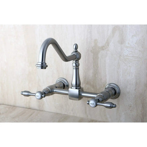 Tudor Style Wall Mount Bridge Kitchen Faucet In Polished Brass With 8.5 Inch Reach And 8.1 Inch High Arc 1.8 GPM Flow Drip Free Ceramic Cartridge California Title 20 Compliant Sprayer Not Included, wall-mounted