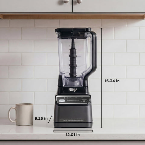 Top Shelf Professional Blender With 1200 Watt Motor And Auto Iq Technology 72 Oz Pitcher For Smoothies And Shakes Rock Solid Powerhouse That Crushes Ice Like Butter Daily on kitchen counter with dimensions.