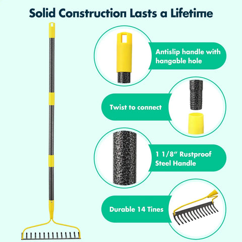 Heavy Duty 60 Inch Bow Rake With 14 Tines, All Steel Garden Rake for Lawn and Landscaping, adjustable handle, close-up details
