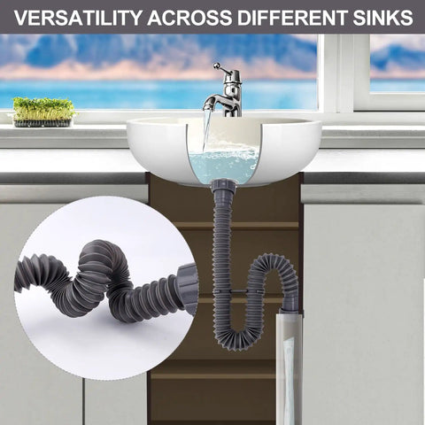 Expandable 1-1/2 Inch Sink Drain Kit With Flexible P-Trap No-Fuss Quick Install, under-sink view with emphasis on versatility.