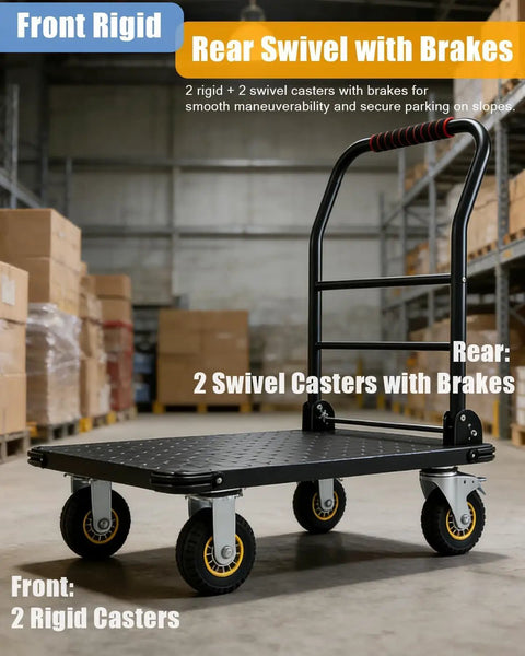Heavy Duty 1800 Lb Capacity Platform Workhorse Cart with 36 by 24 Inch Platform 6 Inch Swivel Wheels with Brakes in warehouse