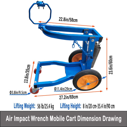 Air Impact Wrench Mobile Cart Dimension Drawing showing 1 inch air impact gun holder size and specifications.