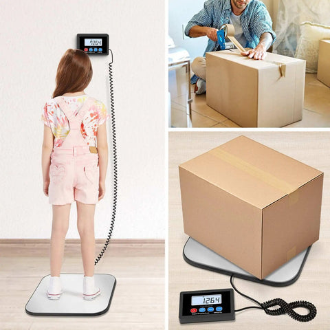 Super Sturdy Digital Postal Scale That Can Handle Packages Up To 440 Pounds With Accurate Tare And Hold; child weighing on scale.