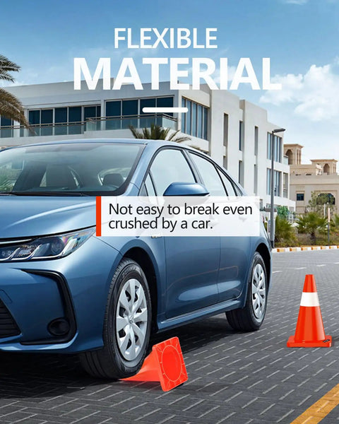 Car driving over 12 Pack 18 Inch Traffic Safety Cones With Reflective Collars, Durable PVC Construction, demonstrating flexibility.