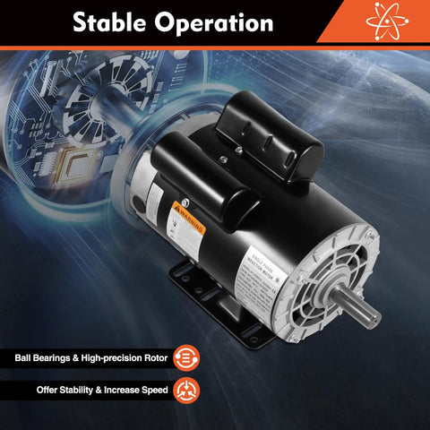 Heavy Duty 5HP Electric Air Compressor Motor With 2.36 Inch Shaft Length And 7/8 Inch Bore Featuring Single Phase 208-230V Power 3450RPM Speed Steel Casing For Industrial Pumping Applications showing close-up of the motor side with labels.