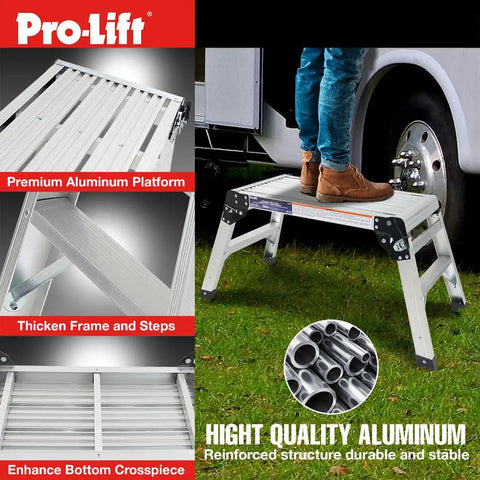 Heavy Duty Aluminum Step Ladder And Portable Workbench With Non Slip Platform, flat surface, sturdy design, used for automotive work.