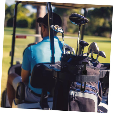 Golf bag secured on cart using Three Sets Rubber T Handle Latches Built To Last Flexible Elastic Draw Latches.