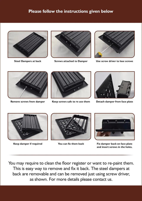 Instructional guide for Durable Cast Aluminum Floor Register 8 By 12 Inches For Floors Walls And Ceilings Built To Last Handcrafted Finish Indoor Use Replacing Or Upgrading Your Home Duct Vents Fits Standard Openings Perfect For Any Space showing damper attachment and removal steps.
